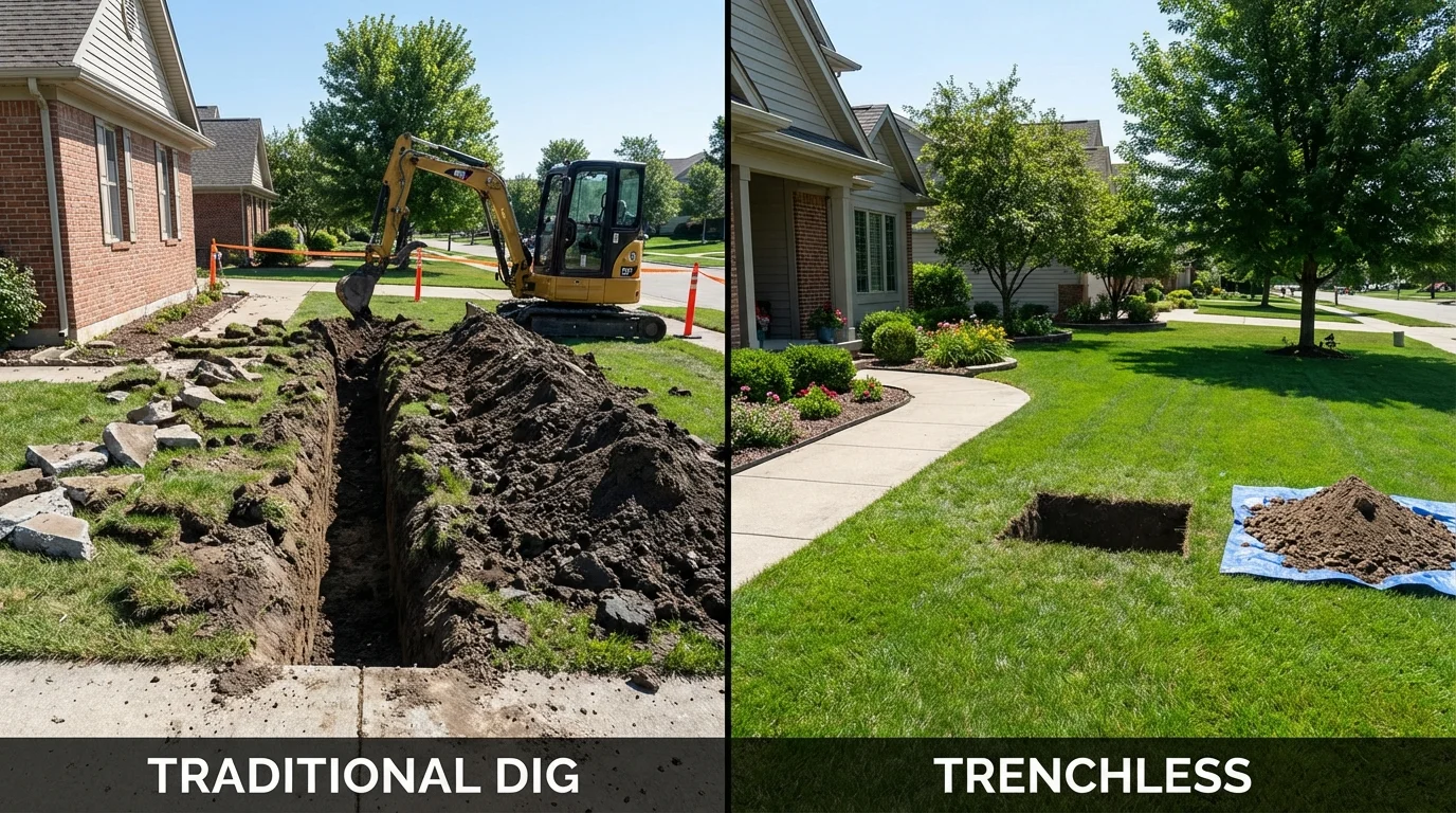 Trenchless sewer repair with minimal yard damage versus traditional excavation in Channelview, TX