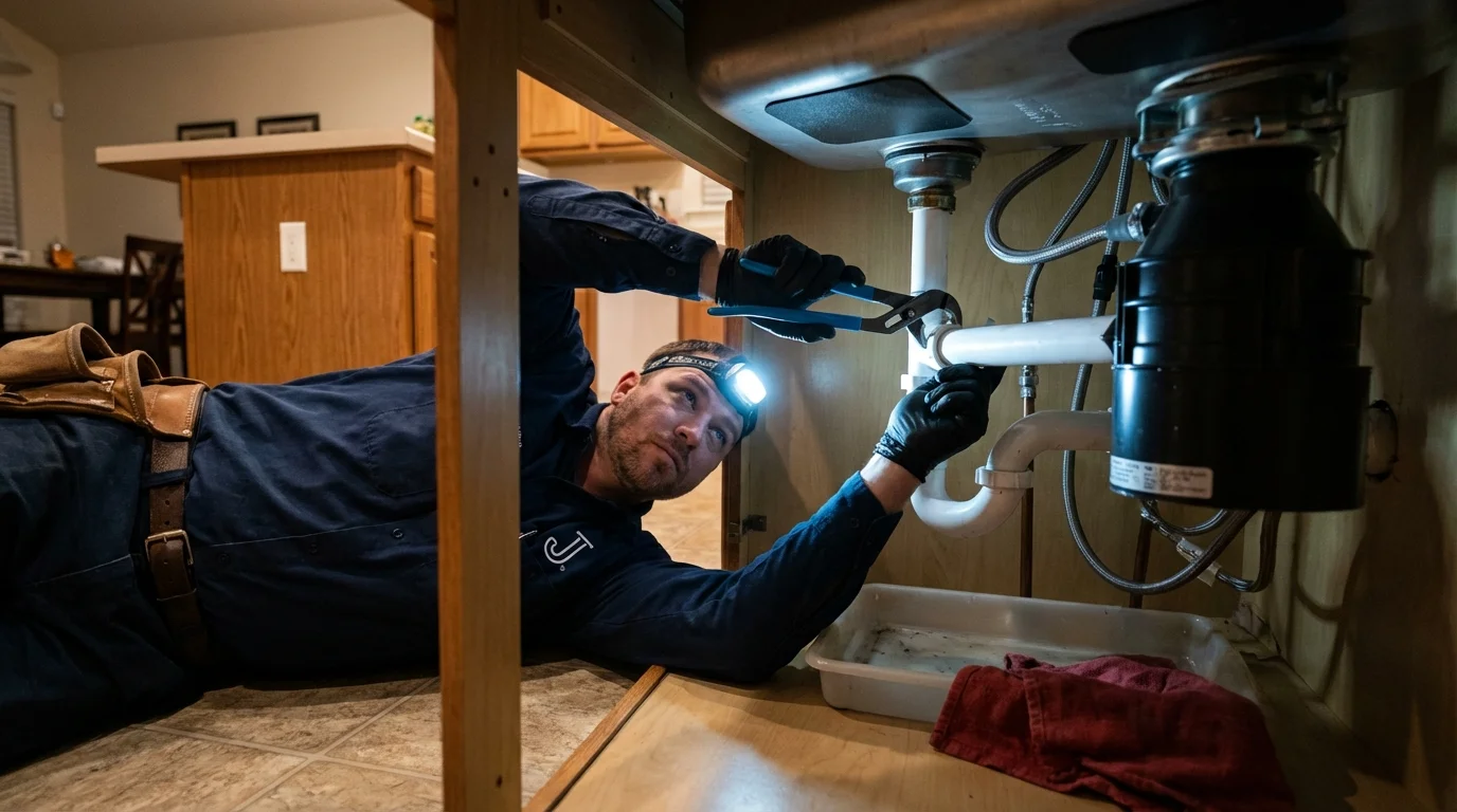 P-trap and supply line connections under a kitchen sink showing a common leak point in Channelview, TX